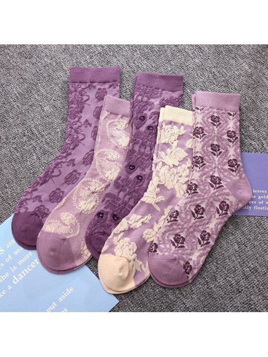 紫色系花花女裝襪一套5對