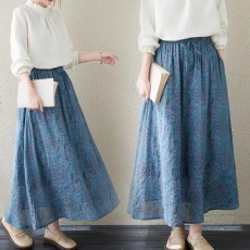 (BE5710) 復古印花棉麻半身裙 (大碼款)