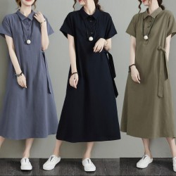(BE5518) 法式棉麻短袖連身裙(大碼款)