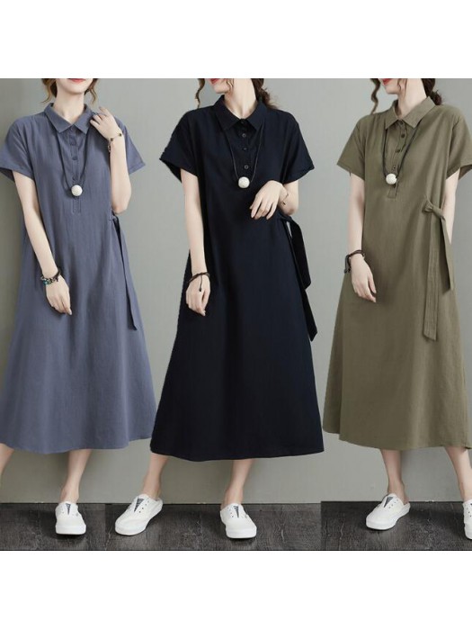 (BE5518) 法式棉麻短袖連身裙(大碼款)