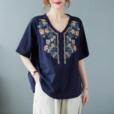 (BE5365) 純棉刺繡寬鬆短袖TEE上衣 (大碼款)