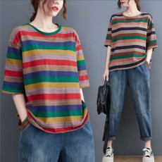 (BE5401) 彩虹間條TEE短袖上衣 (大碼款)