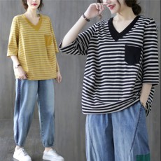 (BE5128) 間條V領TEE