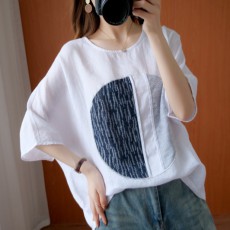 (F01111) 亞麻棉貼布拼接TEE 