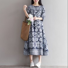 (F01139) 棉麻青花瓷印花連身裙(大碼款)